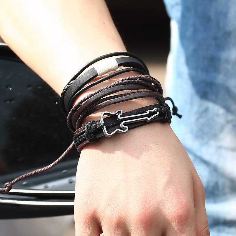 Simple Retro Hand-woven Leather Men's Bracelet Alloy Guitar Leather Multi-layer Suit Women's Bracelet Jewelry