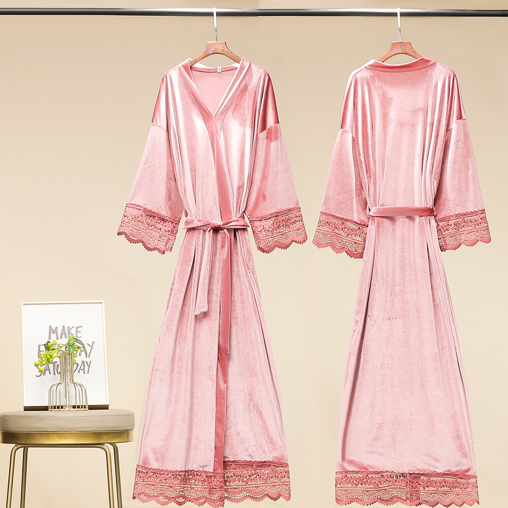 Długi jednokolorowy aksamitny szlafrok dla kobiet szata druhna szaty koronki wykończenia aksamitna szlafrok kimono suknia ślubna czarny aksamit winterrobe: różowy