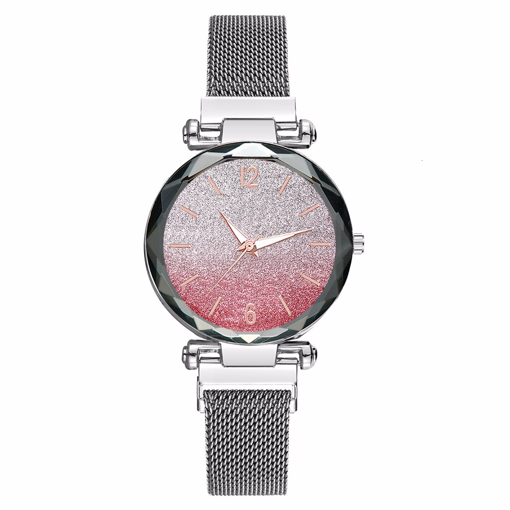 Kvinder magnet spænde gradient farve stjernehimmel ur luksus damer rustfrit stål mesh bælte kvarts ure ur: Sølvrød