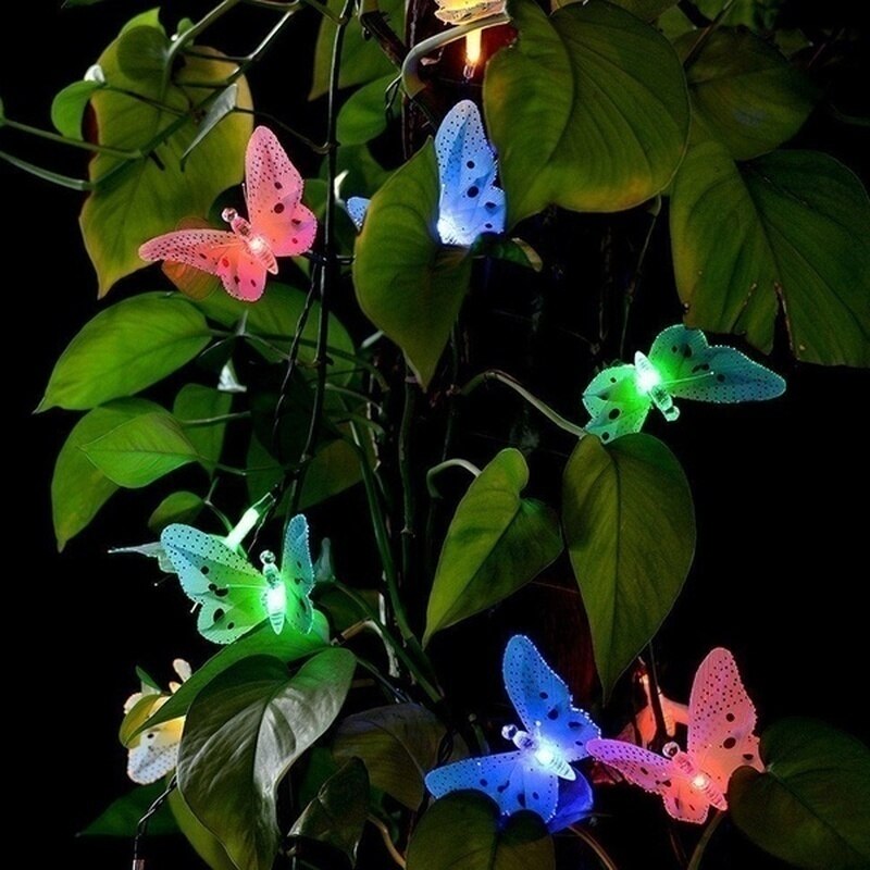 Tira de luces LED de 12 ledes de fibra óptica con forma de mariposa para decoración de jardín, luces solares para jardín