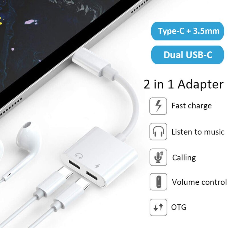 Dual Usb Type C Splitter Dac 2 In 1 Audio Snelle Lading Type C Naar 3.5Mm Hoofdtelefoon Adapter Voor google Pixel Huawei Ipad Pro