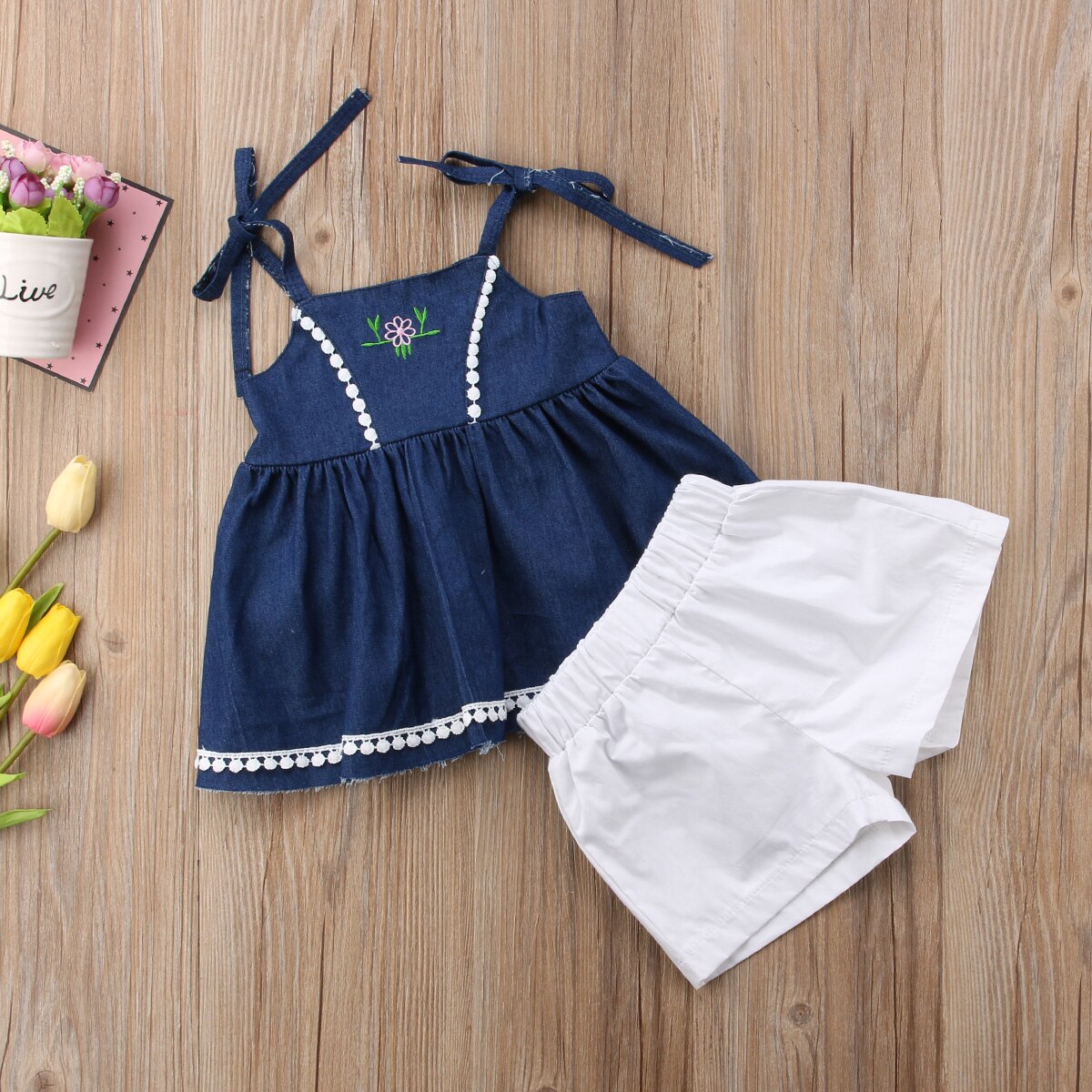 Merk peuter baby kinderen babymeisje bandjes denim tops prinsessenjurk shorts outfits 2 stuks sets casual zomer zonnepak 1-6t
