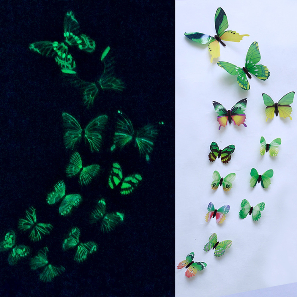 12 stk lysende sommerfugl lysende dyr klistermærke glød i mørket klistermærke fluorescerende fe månestjerner klistermærke børneværelse  z0224: Grøn