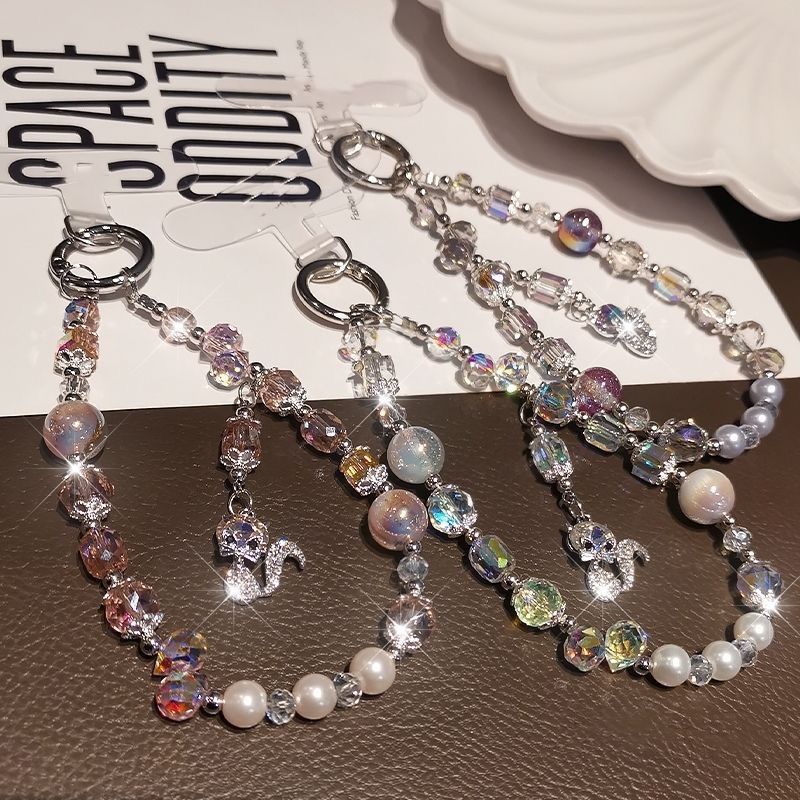 Handmade Beaded Phone Chain Full Diamond Fox Pendant Zircon Pearl Crystal Wrist Style Phone Chain Rope Hanging Rope Lanyard