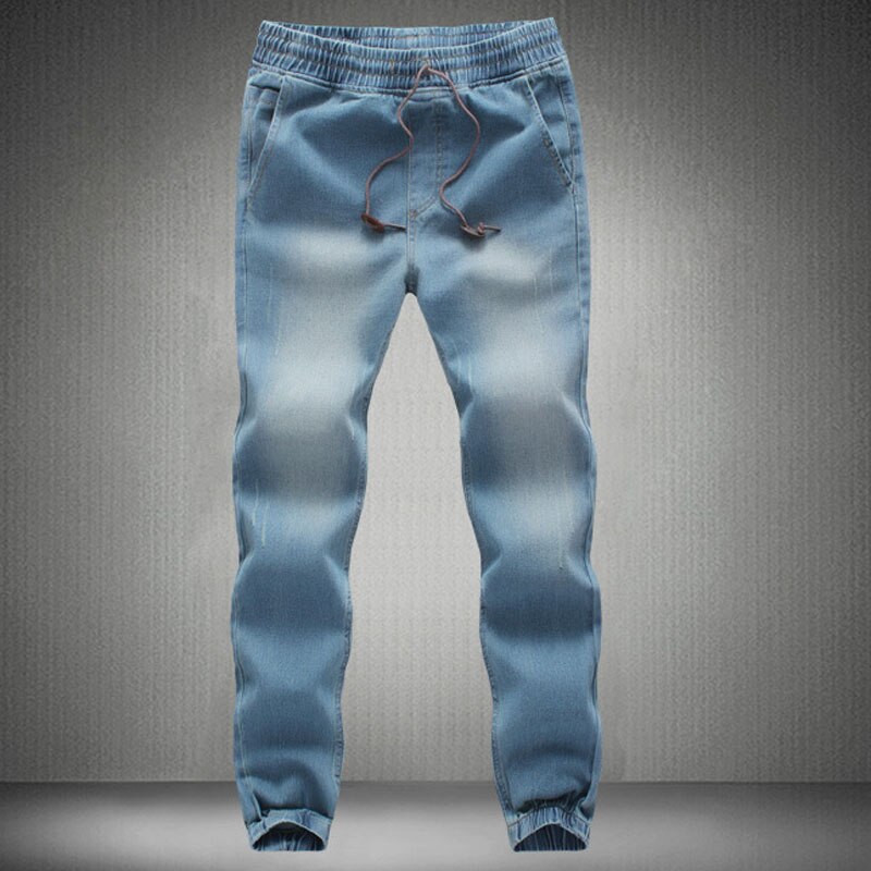 Høj kvalitet mænd elastisk talje denim jeans ankelbåndede bukser herre snoretræk stretch ben haremsbukser plus størrelse m - 5xl