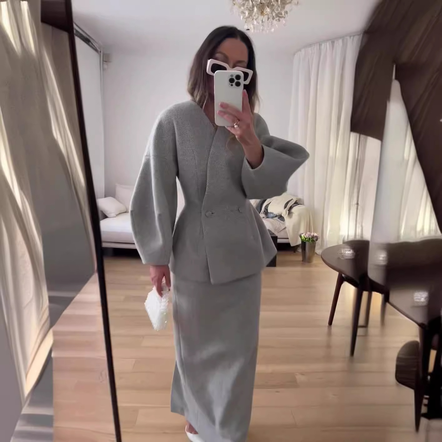Elegante blazer jas rok set dames slanke v-hals lange lantaarn mouw jas top midi rokken past 2-delig kantoor chique outfits: M / GRIJS