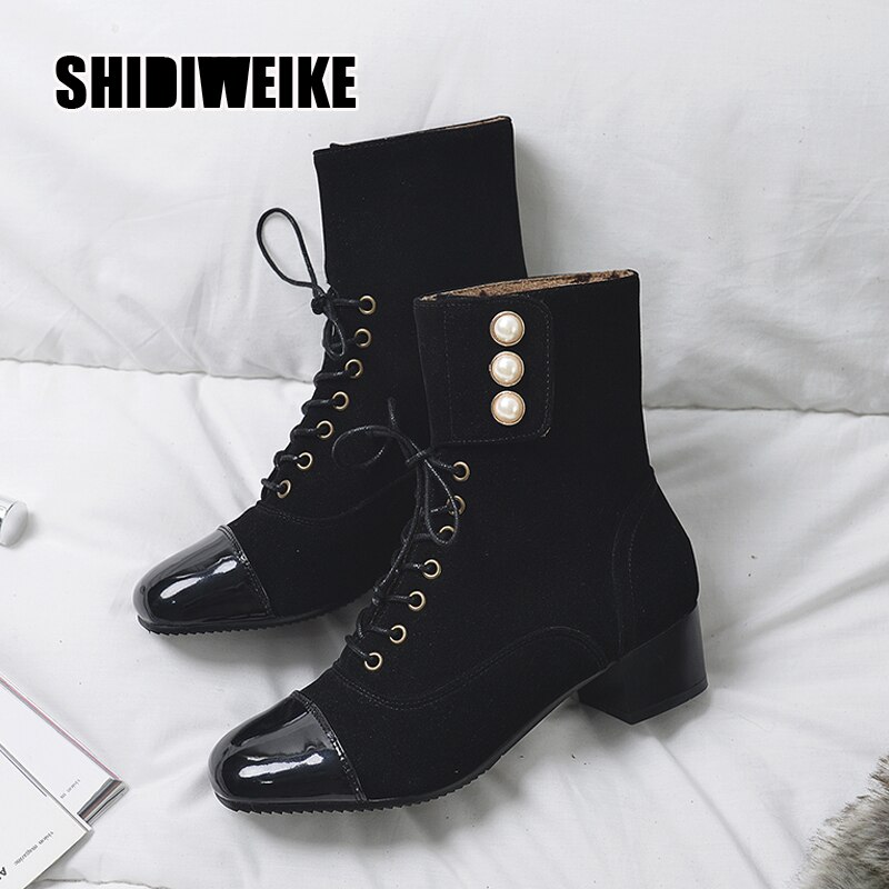 -stijl vierkante neus dames parel laarzen vierkante hak herfst winter streetwear dames laarzen  v897