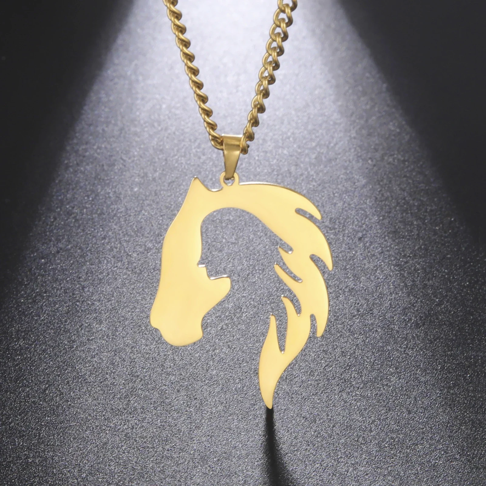 Horse Head Silhouette Girl Pendant Necklace Hollow Stainless Steel Choker for Women Jewelry: Light Yellow Gold Color