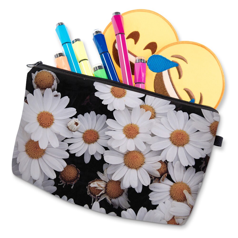 Deanfun Women Cosmetic Bags Printing Daisy Pattern Small Makeup Bag Travel Black Toiletry Bags Organizer 51279