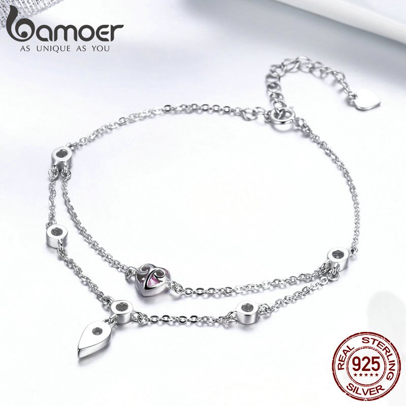 Bamoer romântico novo 925 prata esterlina doce coração rosa cz camadas duplas pulseiras para mulher prata esterlina jóias scb090