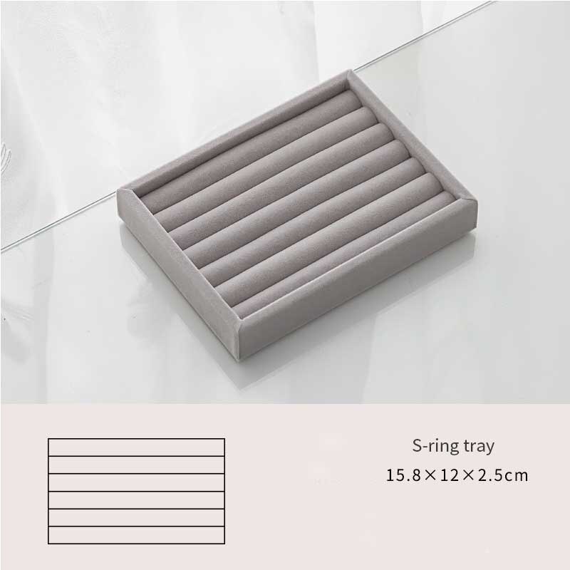 Caja de joyería artesanal hecha a mano, cajón organizador de almacenamiento de joyas de terciopelo suave gris, pendientes, collar, colgante, pulsera, bandeja, 9 opciones: S ring plate