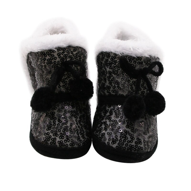 Botas de nieve con lentejuelas para bebé, niño y niña, con bola de felpa, zapatos antideslizantes para niño pequeño, zapatos de algodón para recién nacido: Black / 0-6 meses