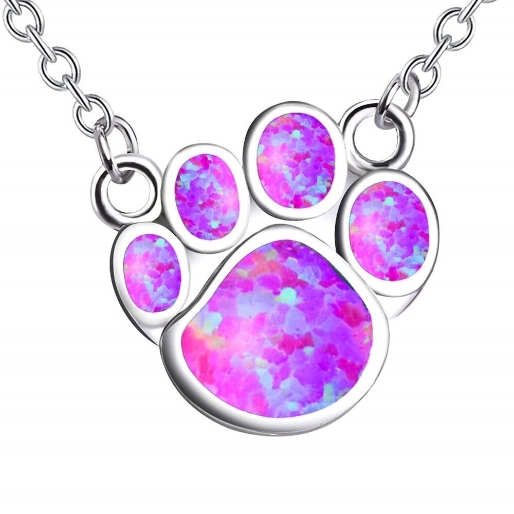 FDLK Cute Puppy Footprint Pendant Necklace Alloy Colored Opal Chain Necklace for Friends