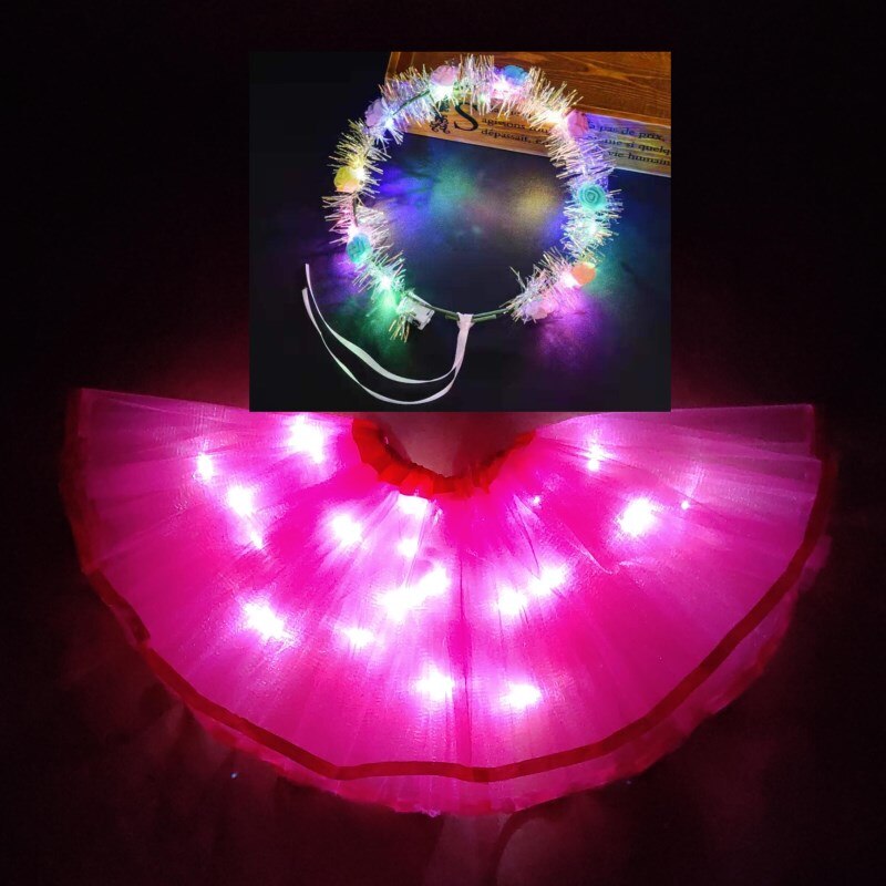 Light LED Girl Kids Clothes Tutu Skirt Princess Party Tutus Child Ballet Dance Christmas sky blue With garland: Rose Red
