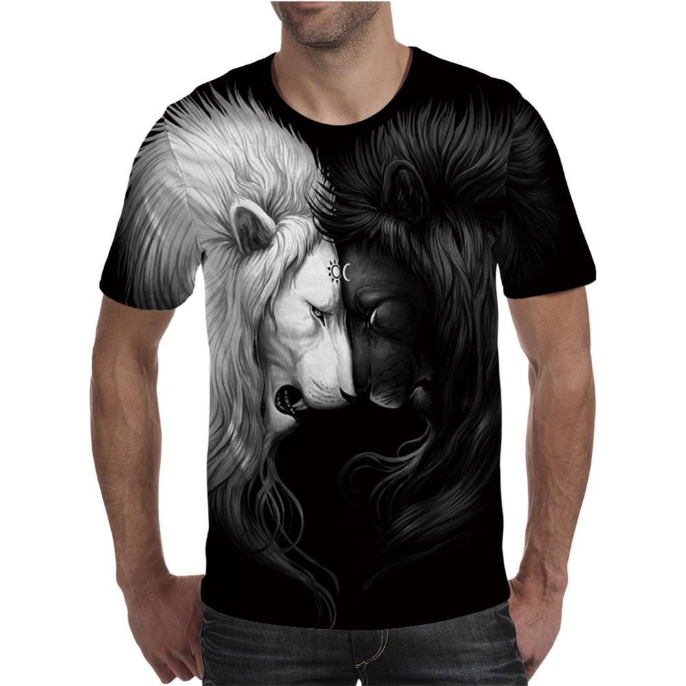 Men T-Shirts Men Black White Lions 3D Printed Short Sleeve Round Neck T-Shirt Tee Top men's crewneck tee Summer 2021s