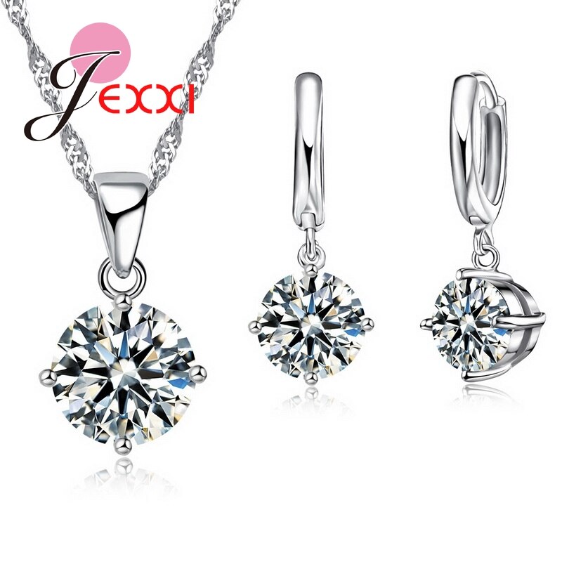 Trendy 925 Sterling Silver AAA Clear Cubic Zirconia Necklace Earring Set for Women Girl Birthday Wedding Jewelry Sets