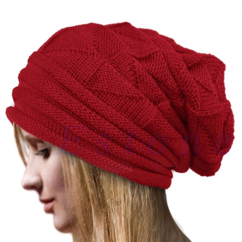 Kvinner hekle strikket stripet oversize posete slouchy lue høst menn lue varm vinter ski dame ullluer: Rød