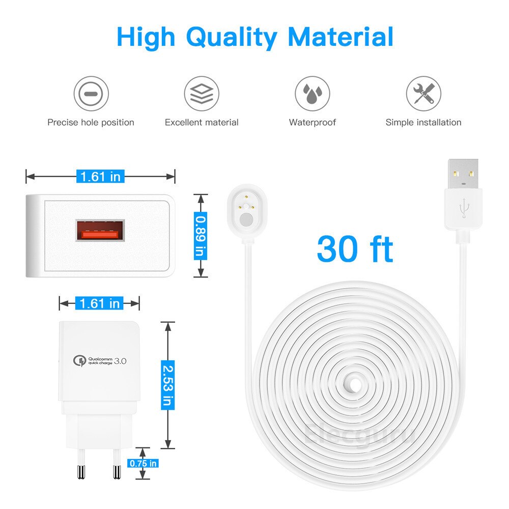 Wasserdicht 30ft/9m Ladekabel mit Adapter für Arlo Profi 3 Flutlicht Kamera, wetterfeste QC 3,0 Schnelle Ladung Ladegerät, Weiß