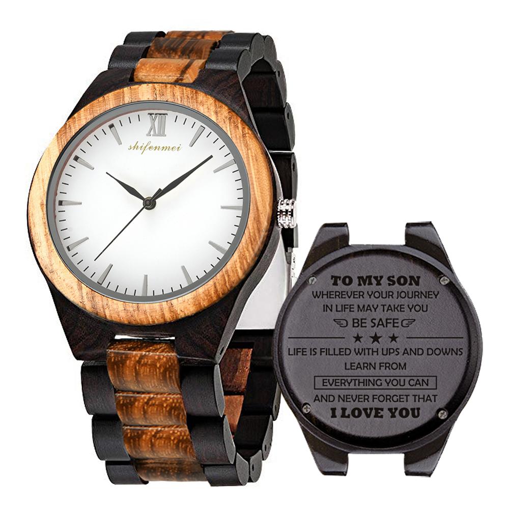 Shifenmei Holz Uhren Herren Gravur Männer Sport Uhren Quarz Armbanduhr Brauch Holz Uhr Relogio Masculino: Pro Sohn
