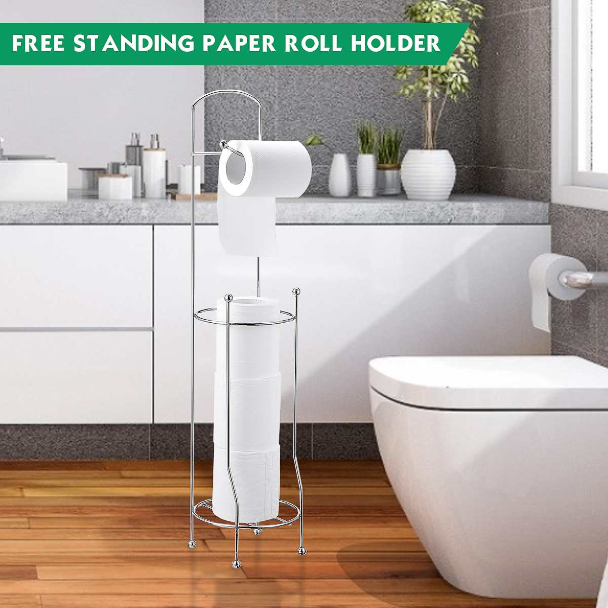 Metal Floor Standing Paper Roll Stand Storage Toilet Paper Towel Storage Stand Organizer Rack Bathroom Vertical Roll Holder