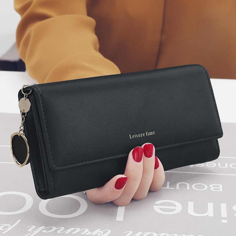 Women Wallets Long Style Multi-functional Wallet Purse Fresh PU Leather Female Clutch Card Holder: Black