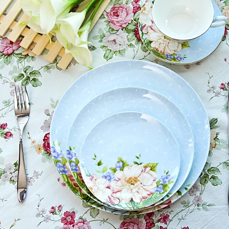 Blauw En Roze Bloemen Servies Set Servies Bone China 10.5 Inch Diner Plaat 8 Inch Salade 6 Inch Dessert plaat Schotel