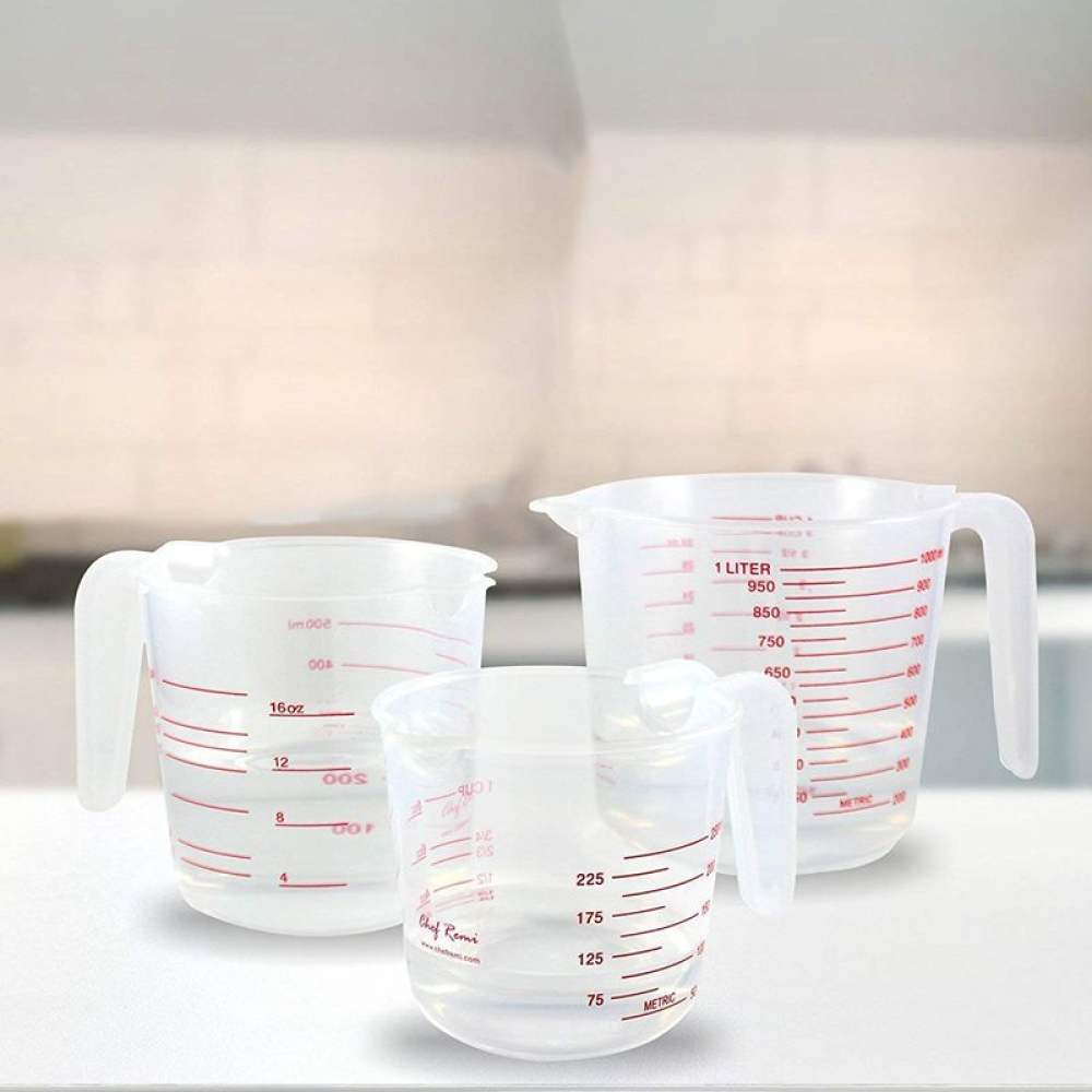 3pc Plastic Measuring Jug Set Large 4 Cup, 2 Cup and 1 Cup Capacity BPA Free Measuring Beakers with Angled Grip Essential