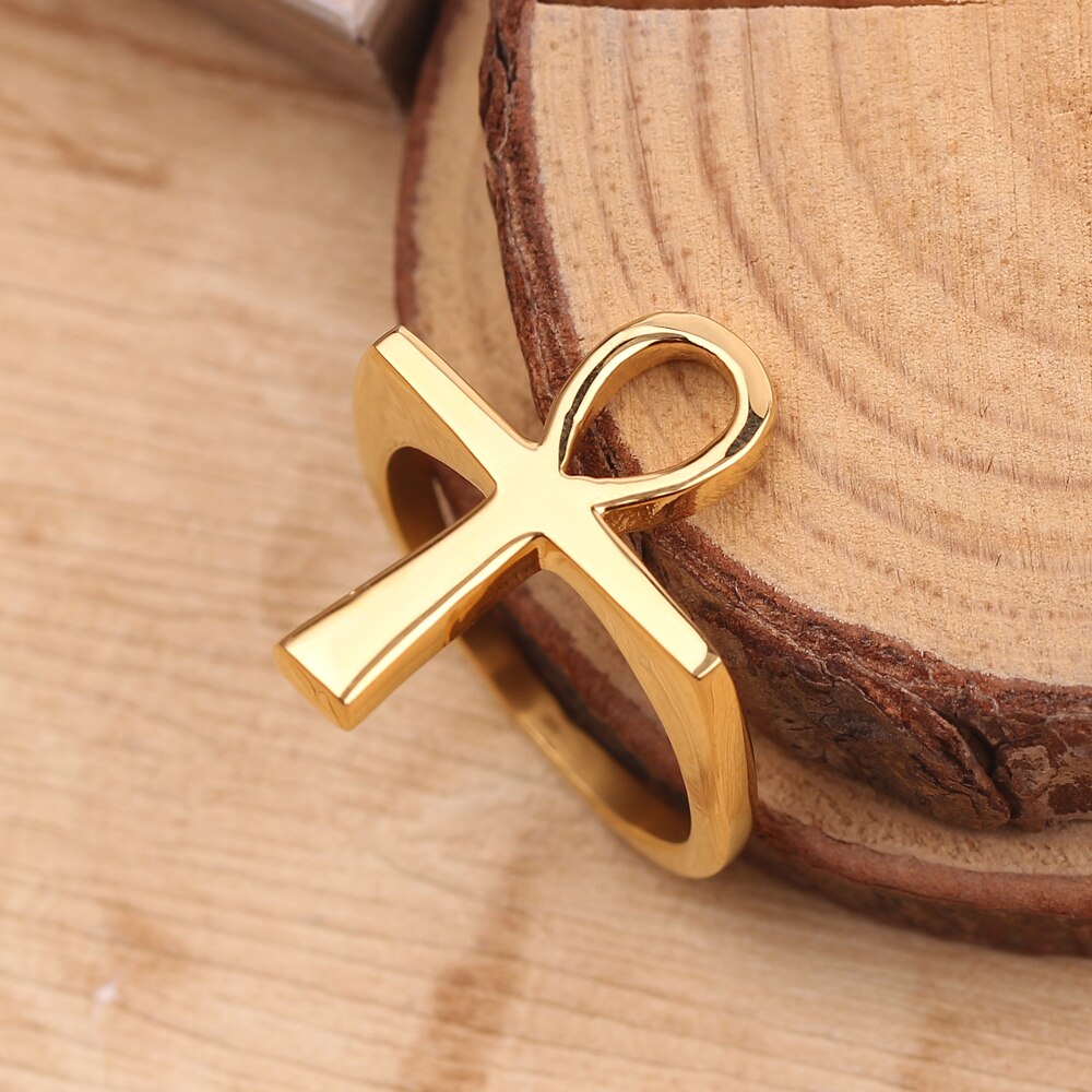 Oude Egypte Ankh Goud Kleur Vintage Cross Ring Voor Vrouwen Amulet Mode Ring Sieraden Punk Etnische Religie Kerstcadeaus