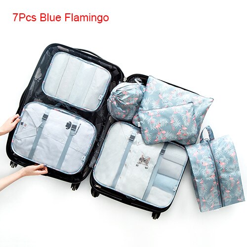 Mihawk Travel Bags Sets Waterproof Packing Cube Portable Clothing Sorting Organizer Luggage Tote System Durable Tidy Pouch Stuff: 7Pcs Blue Flamingo