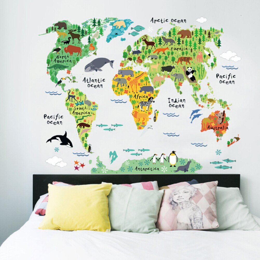 1Pcs Cartoon Animals World Map Wall Stickers Safari Mural Art Zoo Nursery Posters Kids Children Room Home Decals