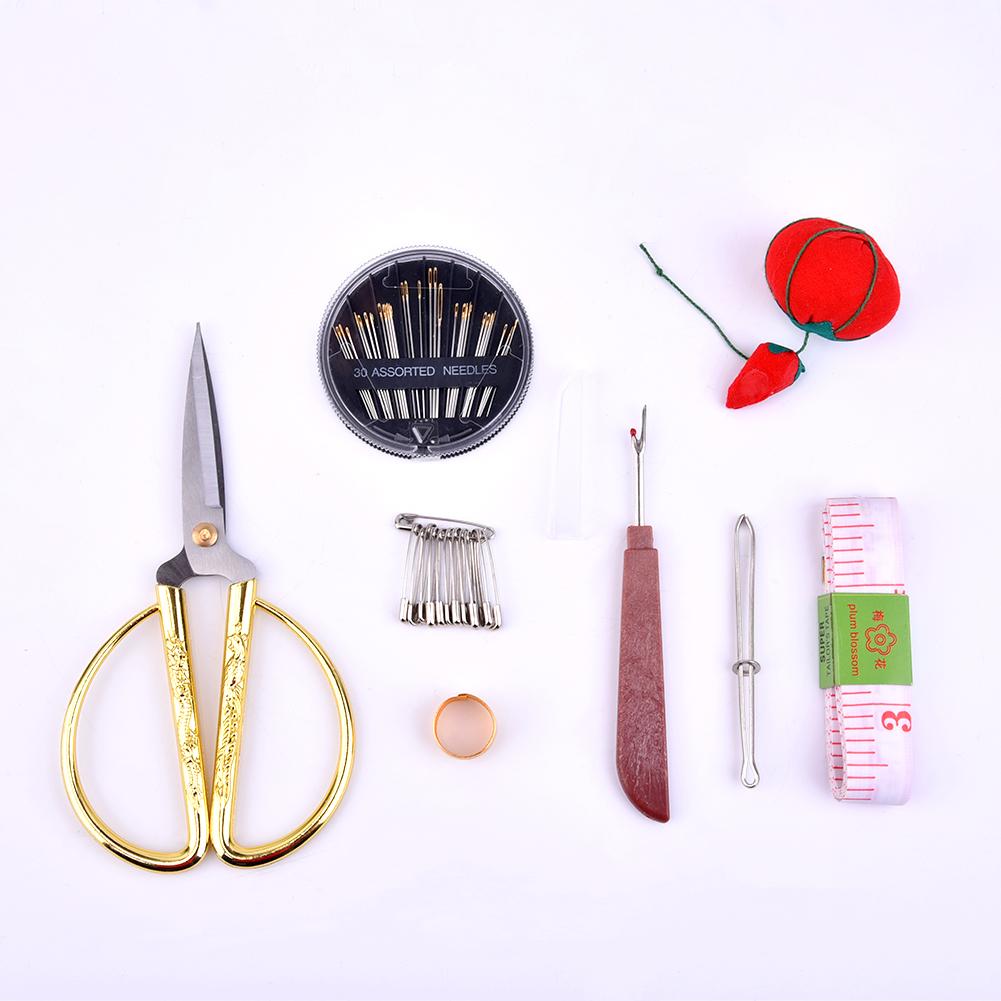 Sömkit låda korg, trä hand hem sy reparation verktygssats, nybörjare universal sy kit tillbehör för kvinnor, män, vuxna, barn