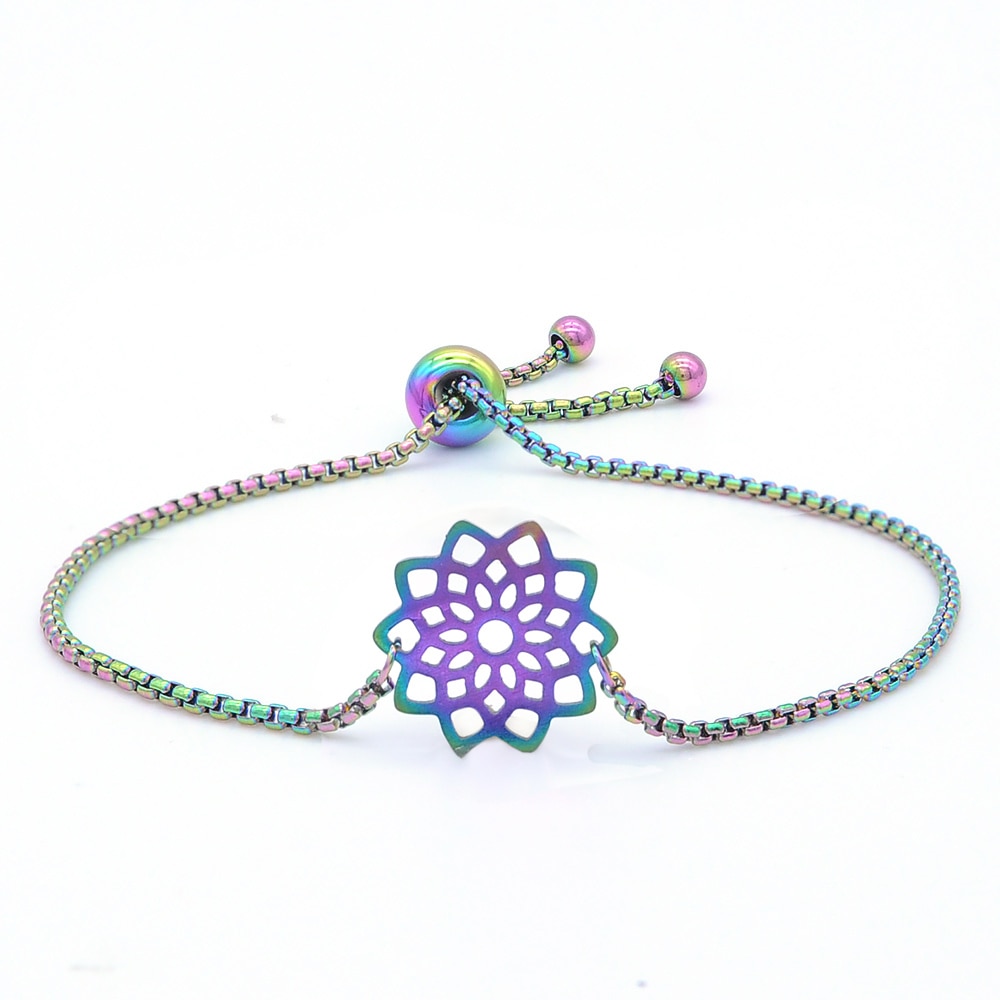 100% Rvs Regenboog Kleurrijke Lotus Charm Armbanden Voor Vrouwen Accepteren Oem Orde Mode-sieraden Armbanden