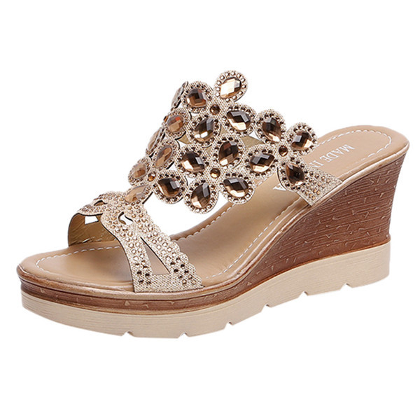 B Sagace Wiggen Schoenen Vrouwen Zomer Peep Toe Ademend Strand Sandalen Strass Slip-On Wedges Schoenen Sandalen Mujer: Beige / 38