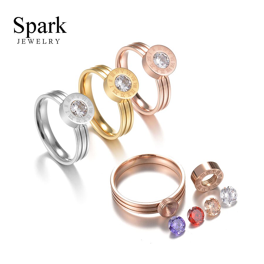 SPARK Luxury Jewelry Engraving Numberal CZ Stone Ring Stainless Steel Exchangeble Crystal Ring Women Engagement Bijoux