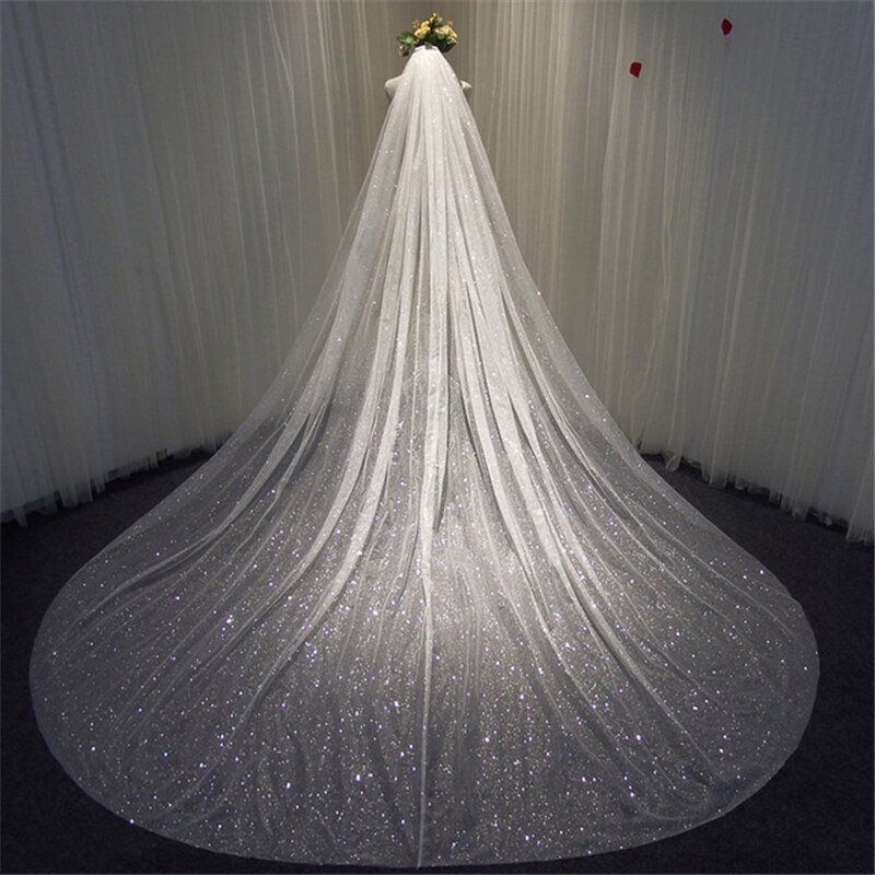 Sparkly Bling Bling Bridal Wedding Veils White Ivory Champagne Gold Long Cathedral Fireworks Sequined Veil With Comb 3X3.5Meters