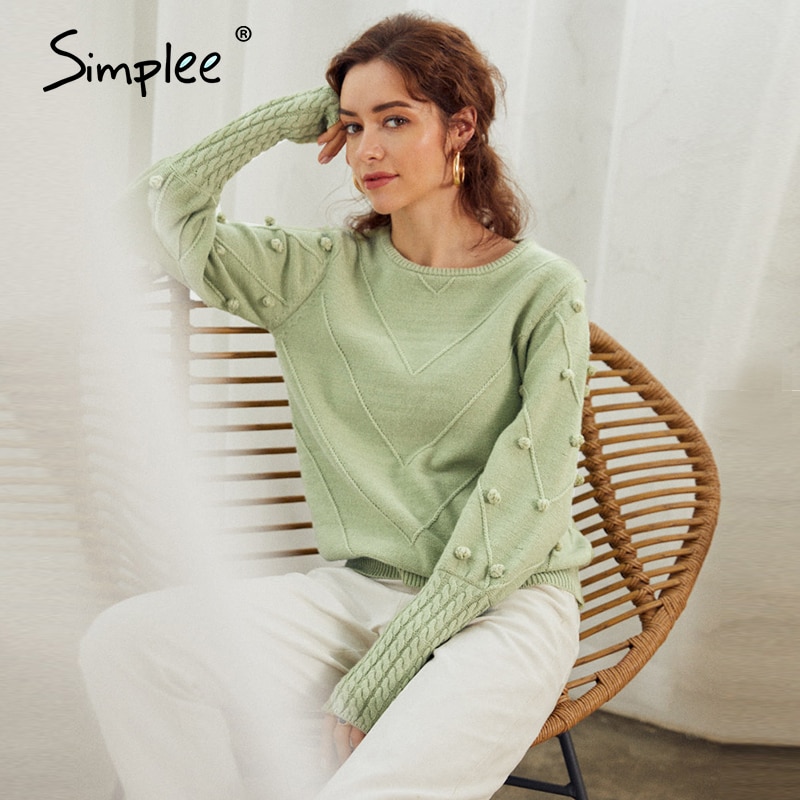 Simplee fourrure pompon pull automne hiver lanterne manches tricoté pull femme Streetwear dames vert pull