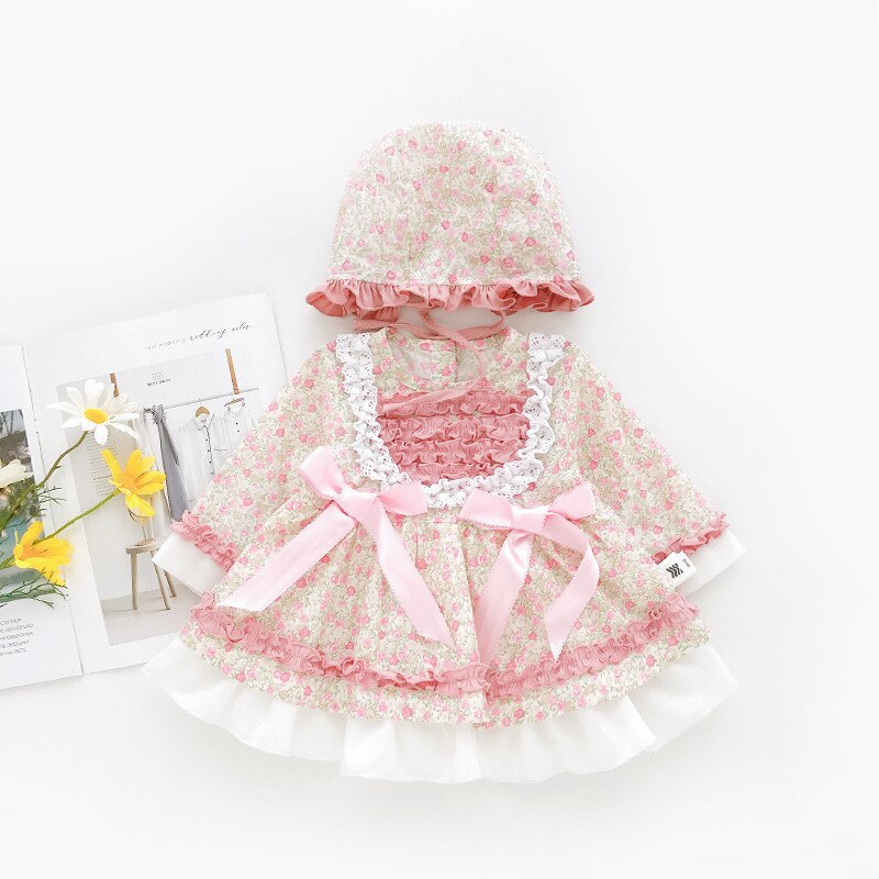 Baby pige lolita blomster kjoler spædbarn prinsesse kjole sommer piger 1st fødselsdag dåb fest kjole toddler boutique tøj: Lyserød kjole og hat / 12m
