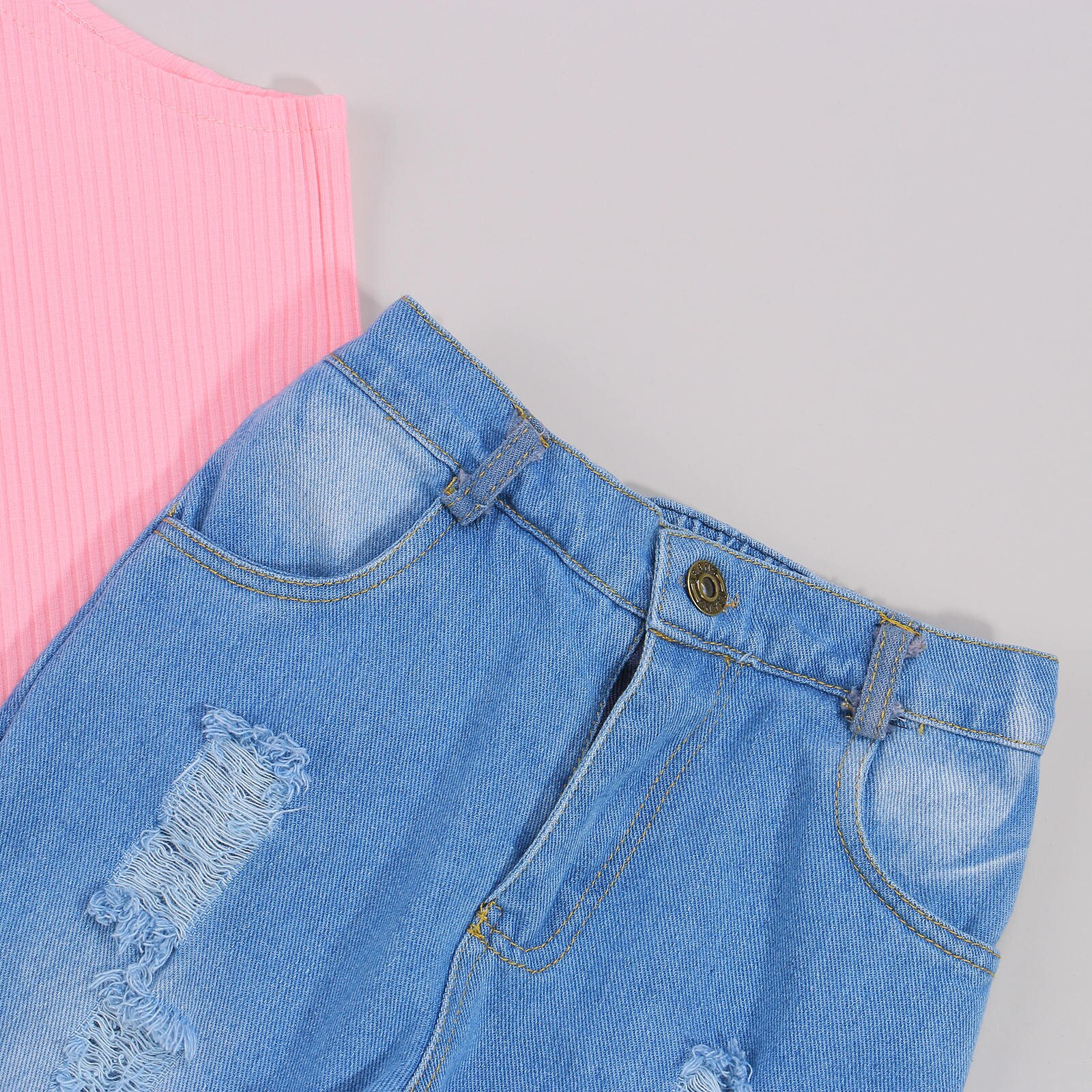 Conjunto de ropa de para niñas de 1 a 6 años, top de punto sin mangas con hombros descubiertos y pantalones vaqueros rasgados, ropa de verano para niñas