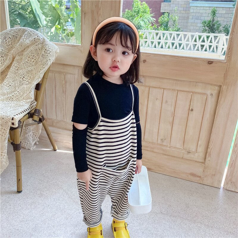 1-7Y Spring Autumn Infant Baby Girls Boys Overalls Pants White Black Striped Printed Sleeveless Pocket Jumpsuits Outfits