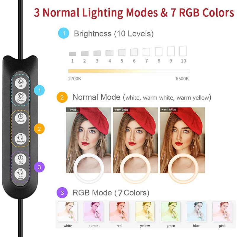 10 '' rgb selfie ring lys med stativ stander og telefonholder dæmpbar led bord cirkel lampe med 10 farver bærbare halo lys