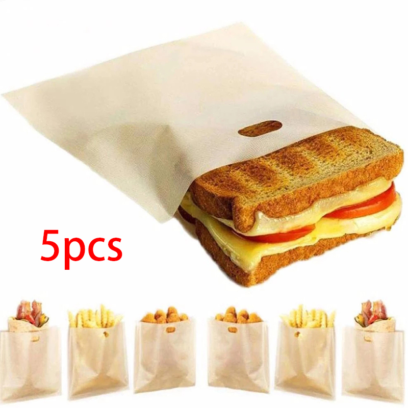5 Pcs/set Toaster Bag Non Stick Bread Sandwich Bag Fiberglass Reusable Toast Microwave Heating Pastry Tools