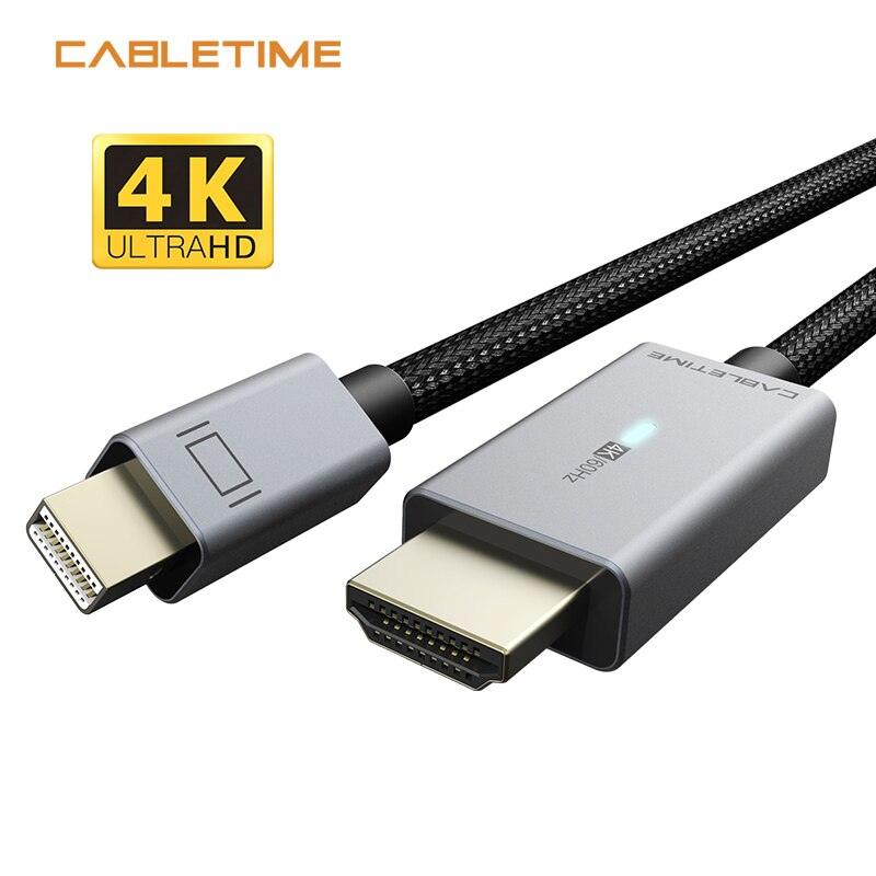 CABLETIME Mini DP to HDMI-Compatible Cable LED Light 4K/60Hz Mini Displayport to HDMI-Compatible Adapter for Macbook Dell N368