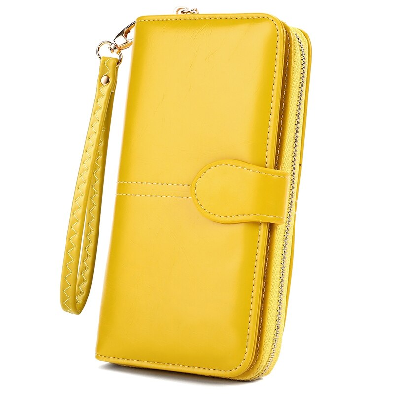 VICUNA POLO Brand Waxy Oil Leather Card Holder Wallet For Women Large Capacity Travel Ladies Wallet Clutch Wristlet Wallets: Mango yellow