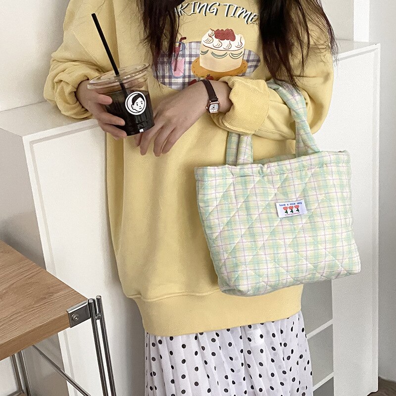 Lunch Tas Kleine Vierkante Handtas Puur Katoen Vrouwen Draagbare Lunchbox Tas Leuke School Lunch Tas Voedsel Opslag: Yellow Green