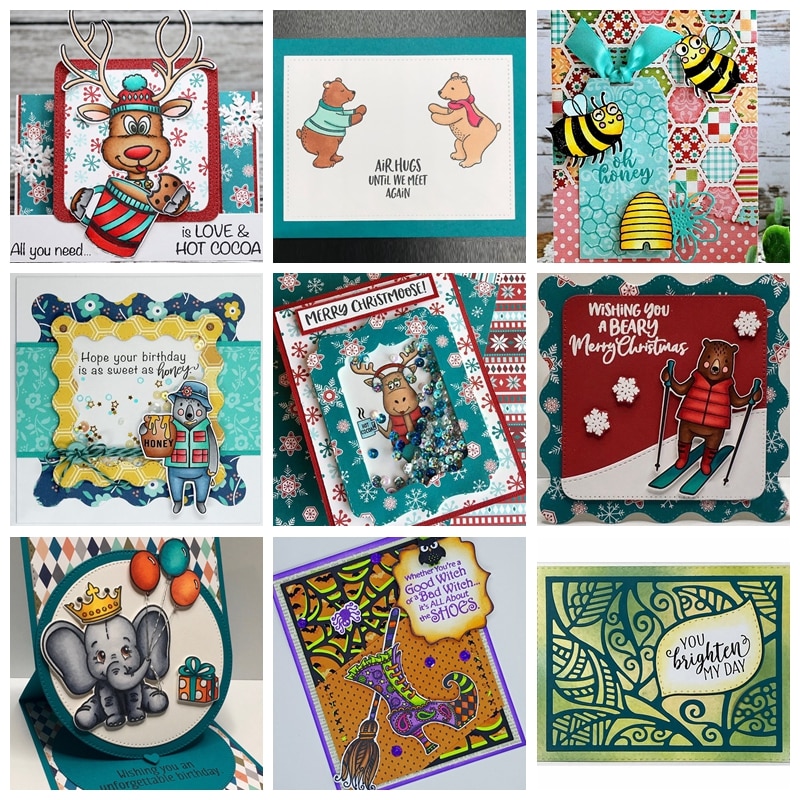 Noël cerf/orignal ours câlin miel abeille anniversaire éléphant sorcière chaussures + Phrases bénédictions matrices et timbres pour bricolage carterie