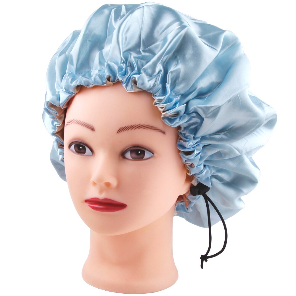 Gorro de satén Reversible para dormir, gorro de seda para mujer, gorro para el pelo de noche, cubierta para la cabeza, sombrero de doble capa ajustable, accesorios para peinados rizados: Sky Blue