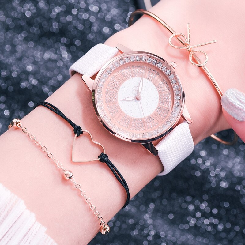 Dames leren sporthorloges quartzhorloges dames polshorloge dameshorloge met strass en armband: Leren witte set