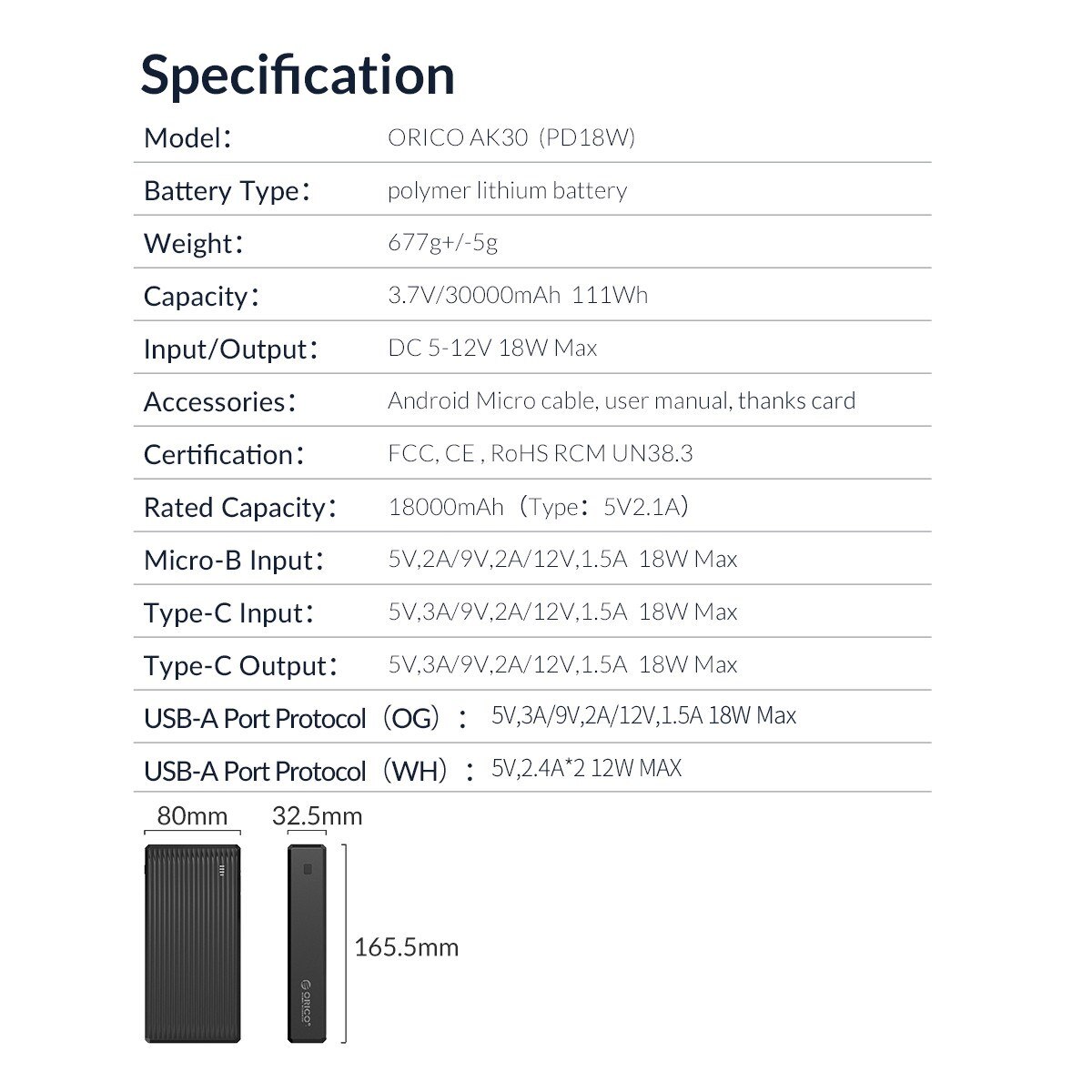 ORICO 30000mAh Portable Power Bank PD 18W Fast Charger Poverbank Mobile Phone External Battery Powerbank For IPhone 13