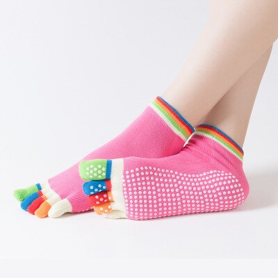 1 Paar Antislip Open Teen Yoga Sokken Antislip Peep Toe Pilates Enkel Grip Duurzaam Open vijf-Vinger Katoen Yoga Sokken: Rose red
