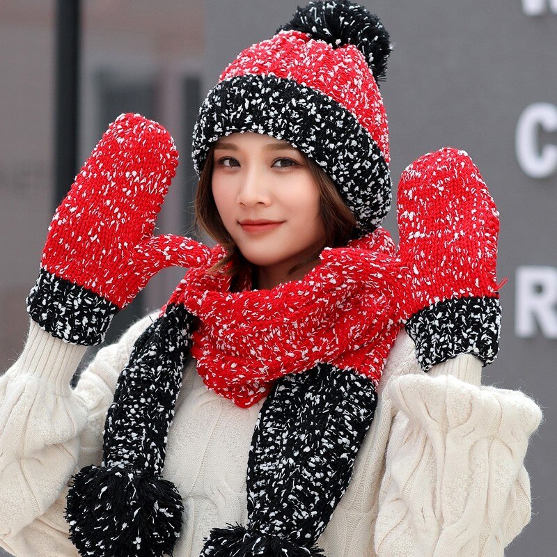 Drie Stuk Hoeden Sjaal Handschoenen Set Voor Vrouwen Hoed Herfst Winter Warm Mitten Pompom Gebreide Hoed Gilr Knit sjaal Sets: Rood